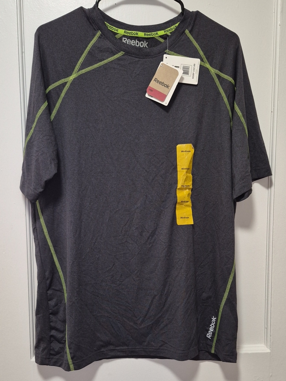 Reebok Short-Sleeve Performance Tee in Charcoal Gray with Lime Stitching